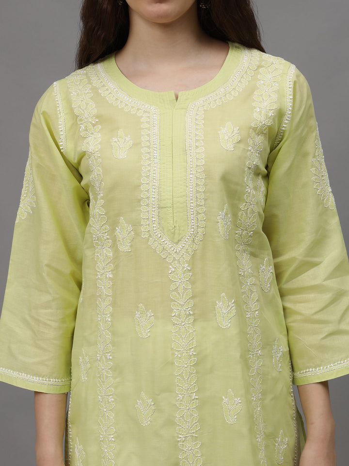 Pista-Green-&-White-Cotton-Embroidered-Chikankari-Kurti