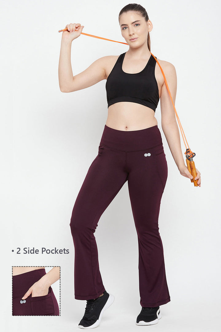 Plum-Colour-Poly-Spandex-Flared-Yoga-Pant-With-Side-Pockets