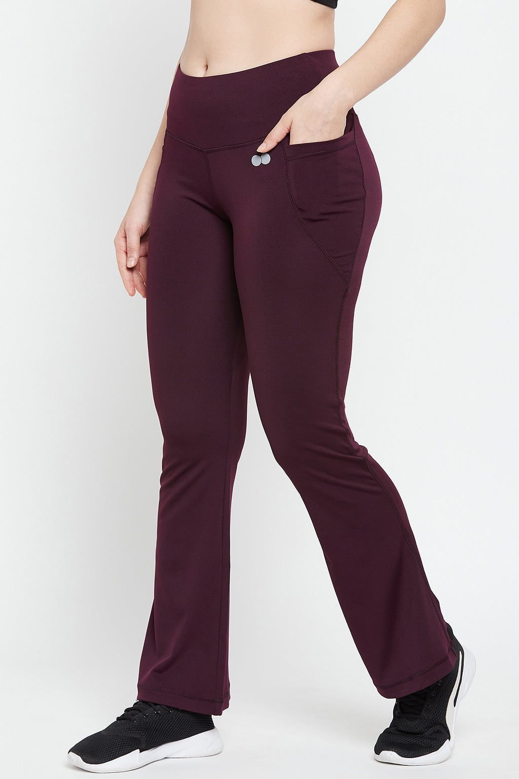 Plum-Colour-Poly-Spandex-Flared-Yoga-Pant-With-Side-Pockets