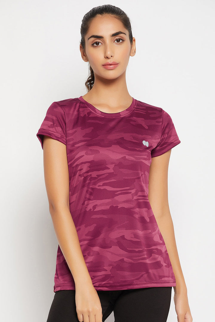 Plum-Colour-Polyester-&-Spandex-Camouflage-Print-T-Shirt