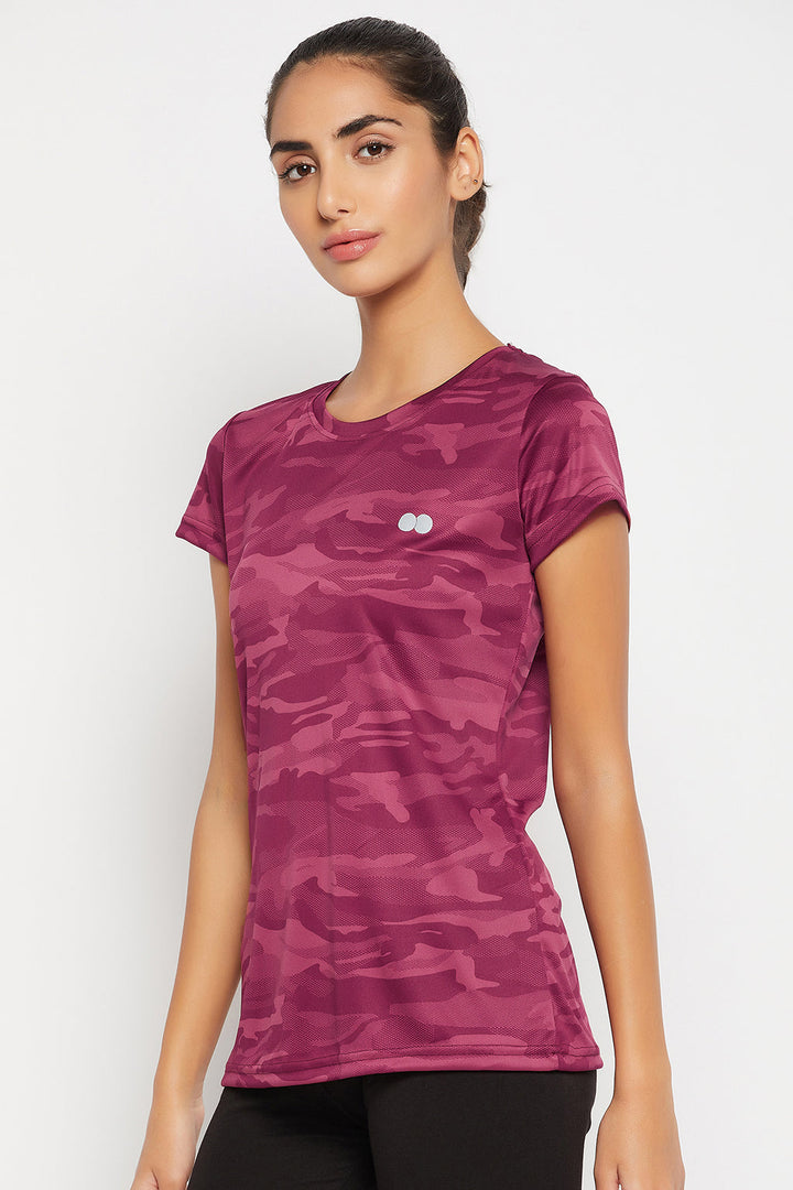 Plum-Colour-Polyester-&-Spandex-Camouflage-Print-T-Shirt