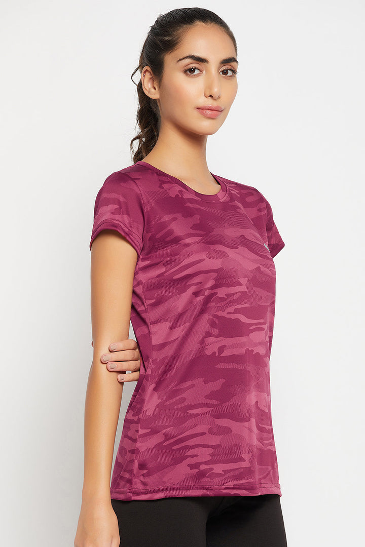 Plum-Colour-Polyester-&-Spandex-Camouflage-Print-T-Shirt