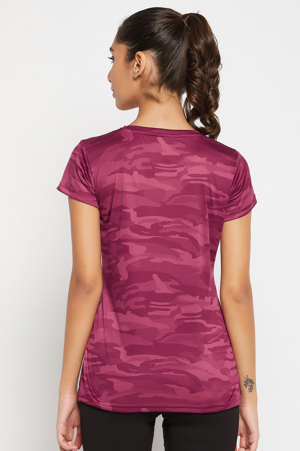 Plum-Colour-Polyester-&-Spandex-Camouflage-Print-T-Shirt