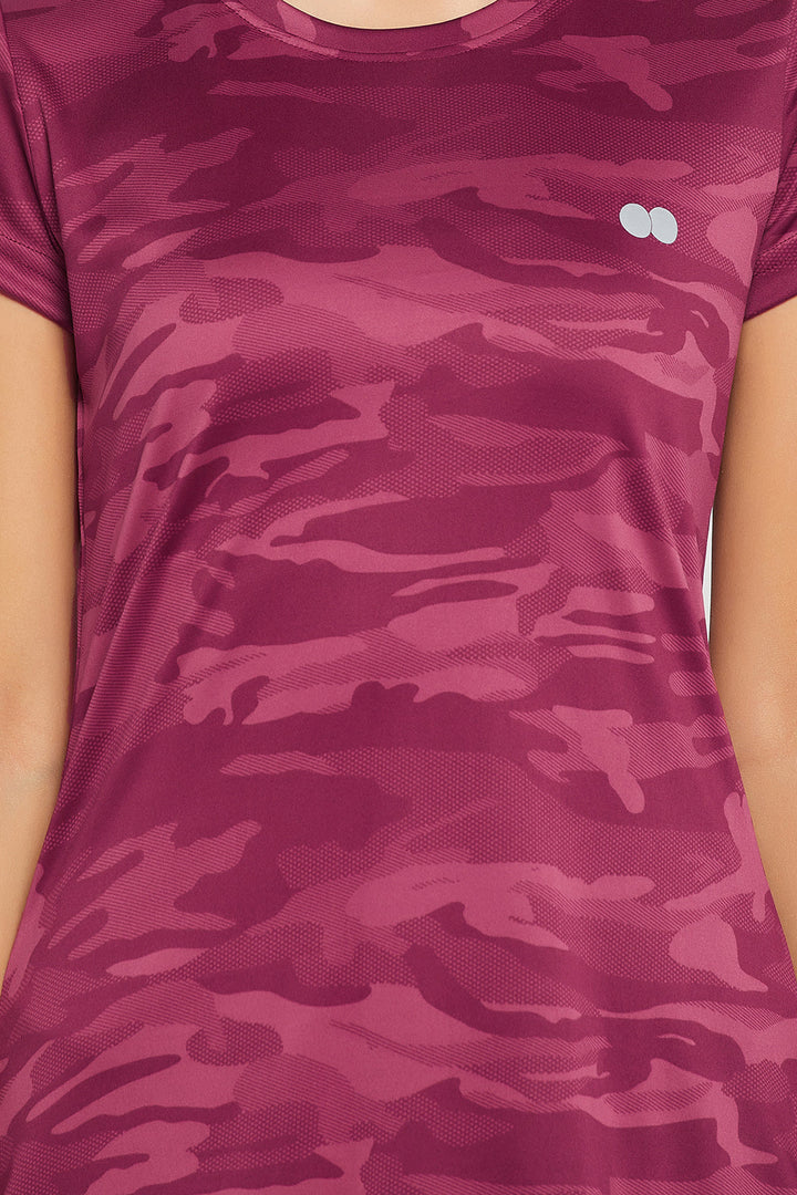 Plum-Colour-Polyester-&-Spandex-Camouflage-Print-T-Shirt