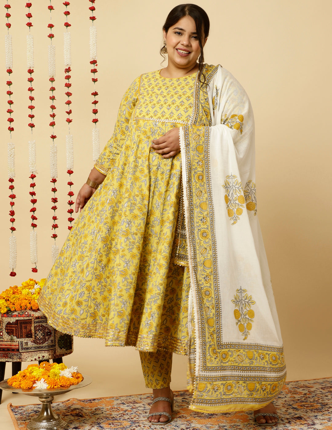 Plus-Size-Yellow-Cotton-Cambric-Printed-Anarkali-Kurta-Set