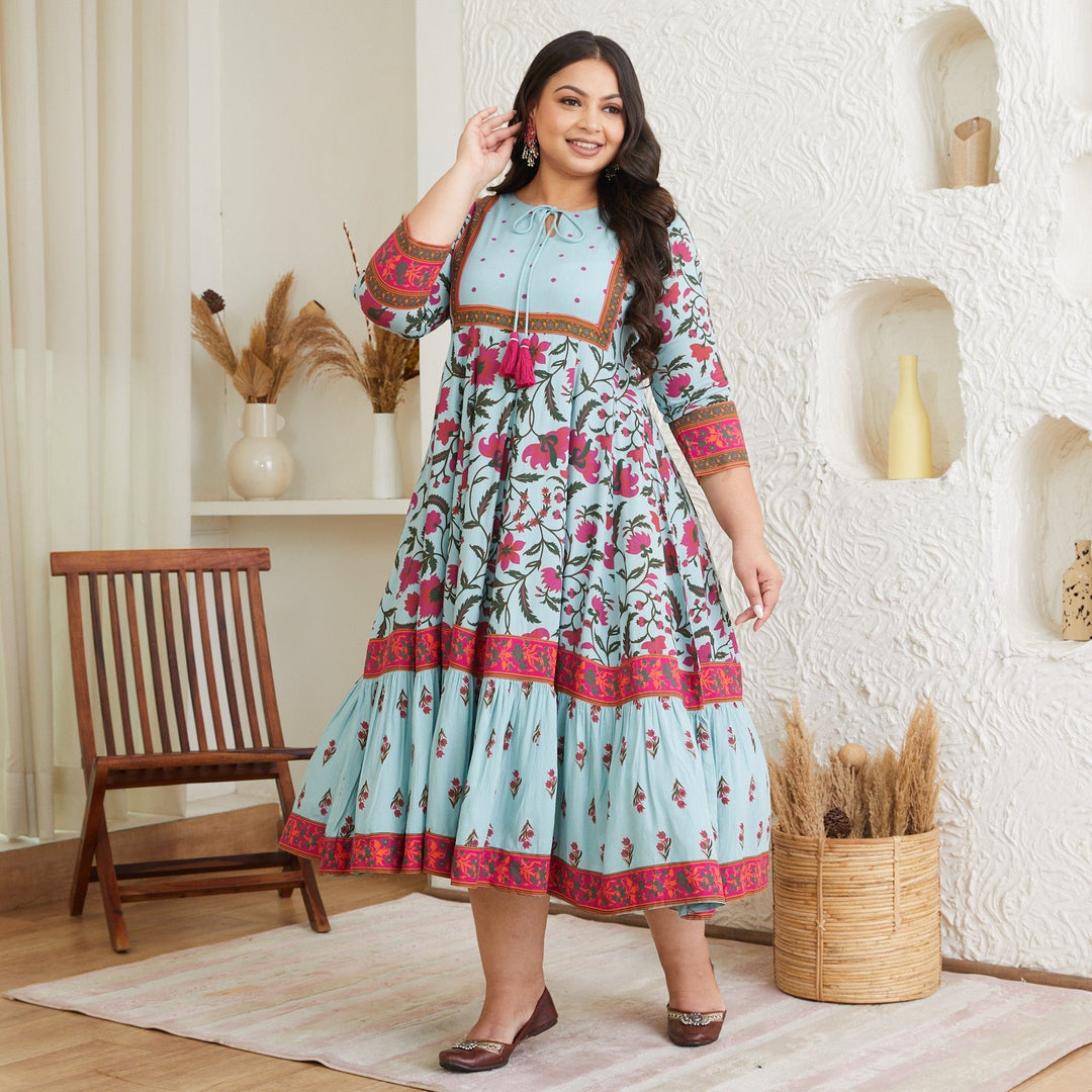 Sky Blue Rayon Plus Size Floral Dress With Hem Details