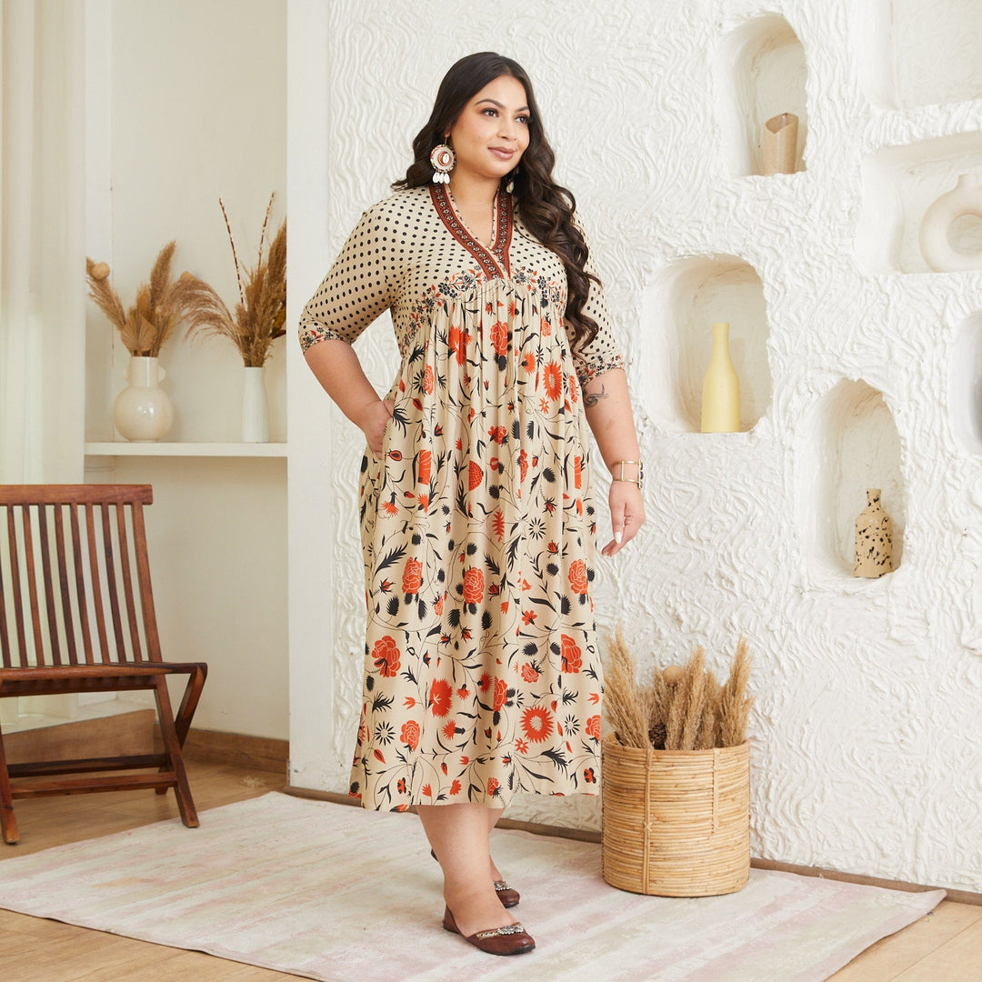 Beige Rayon Plus Size Blossom V-Neck Gathered Dress