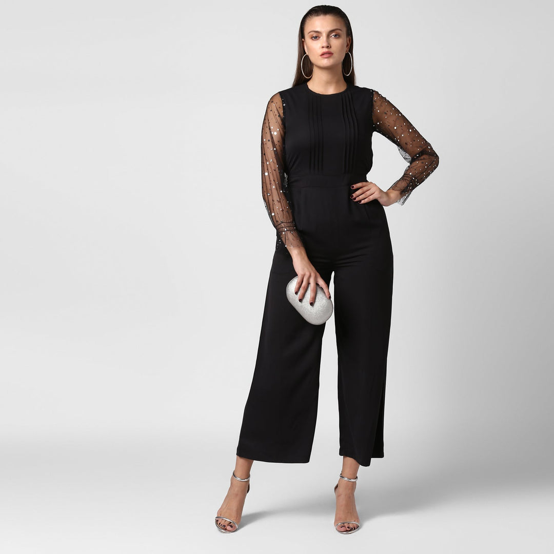 Polyester-Polyester-Embellished-Net-Sleeves-Jumpsuit