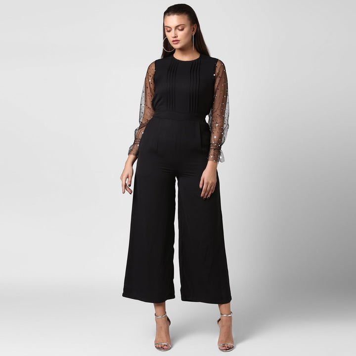 Polyester-Polyester-Embellished-Net-Sleeves-Jumpsuit