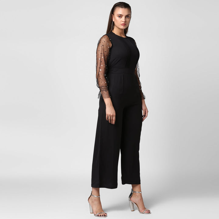 Polyester-Polyester-Embellished-Net-Sleeves-Jumpsuit