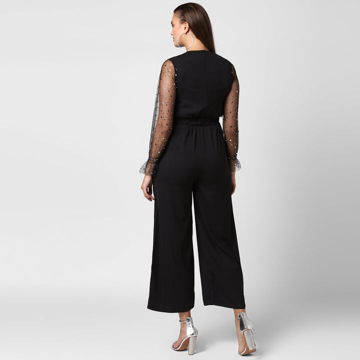 Polyester-Polyester-Embellished-Net-Sleeves-Jumpsuit