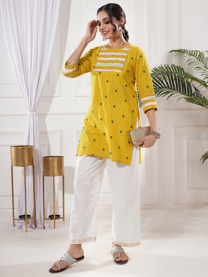 Pravira Yellow Cotton Short Kurta Only