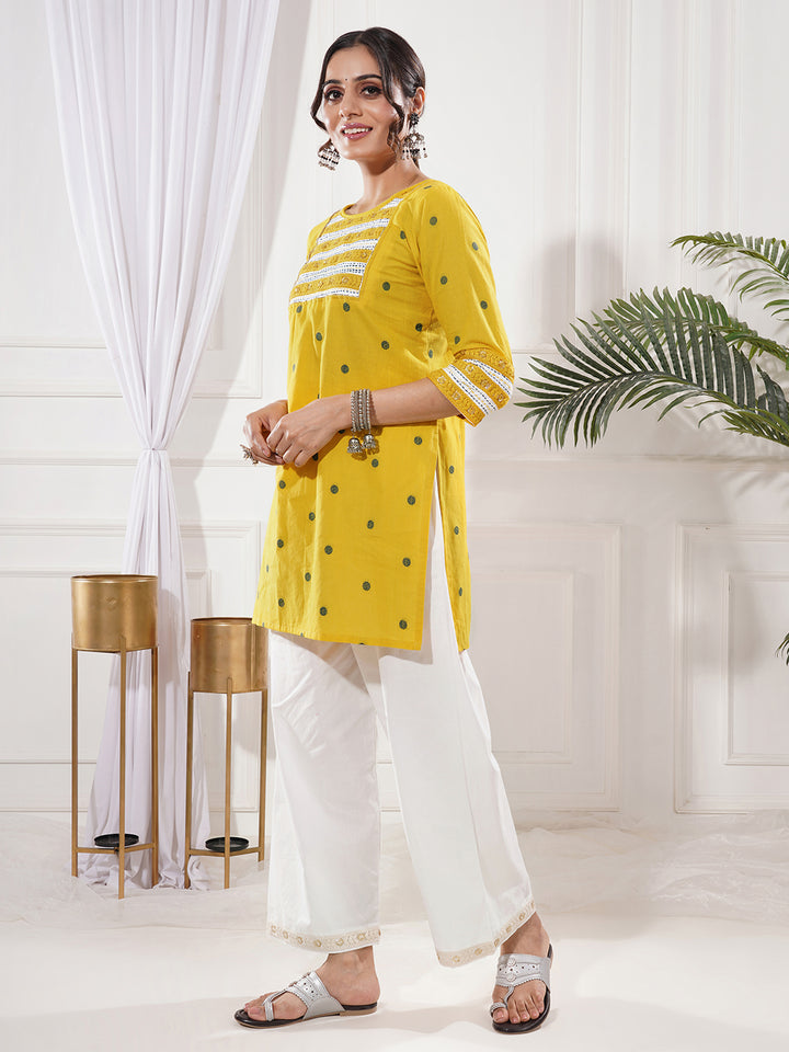 Pravira Yellow Cotton Short Kurta Only
