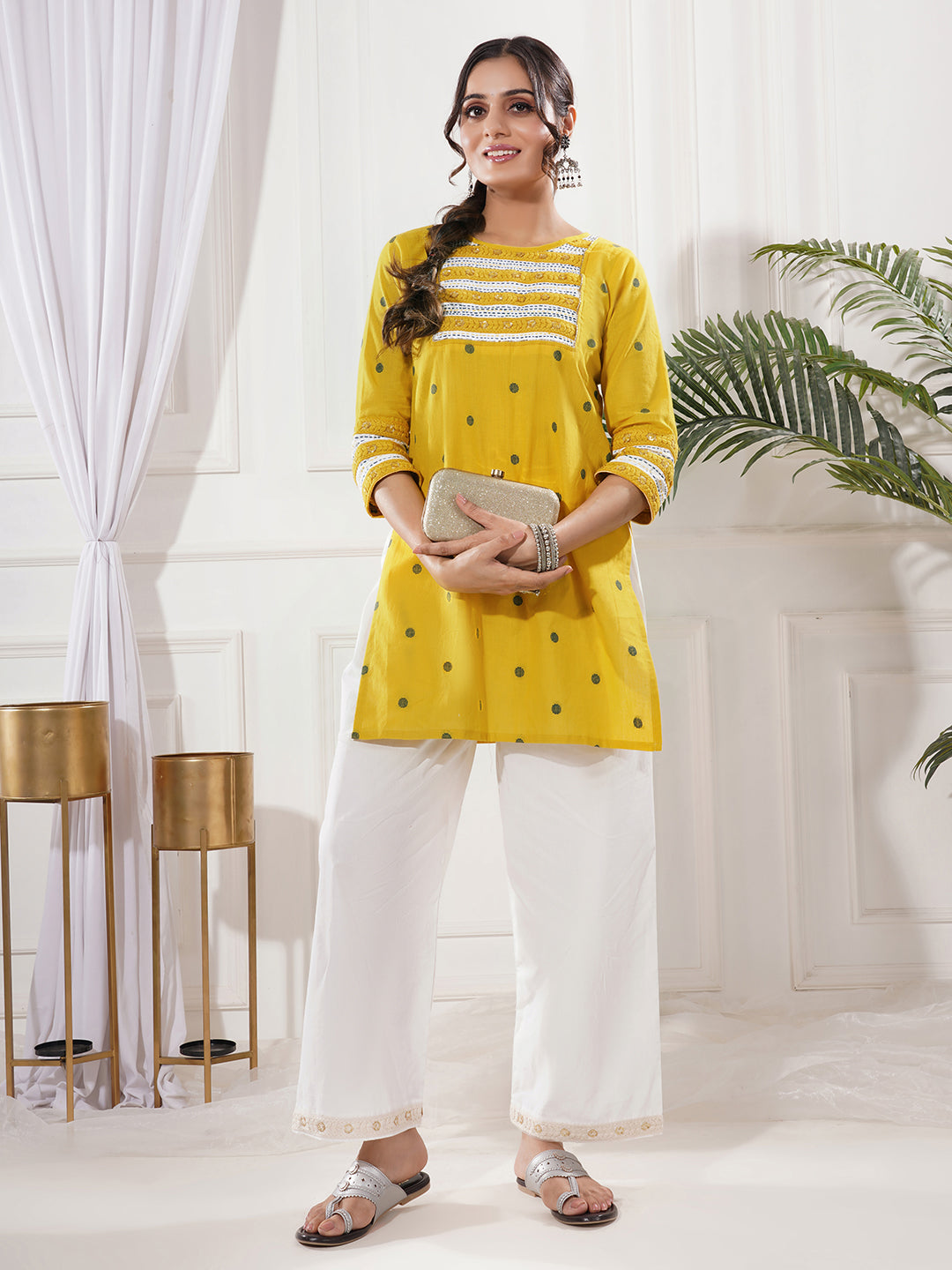 Pravira Yellow Cotton Short Kurta Only