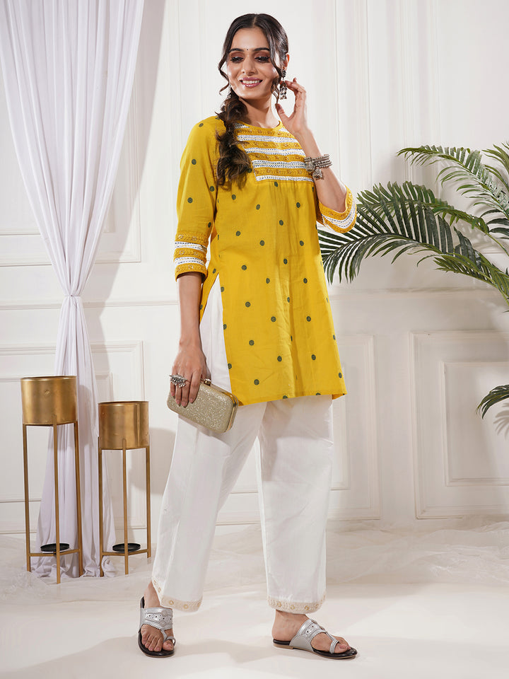 Pravira Yellow Cotton Short Kurta Only