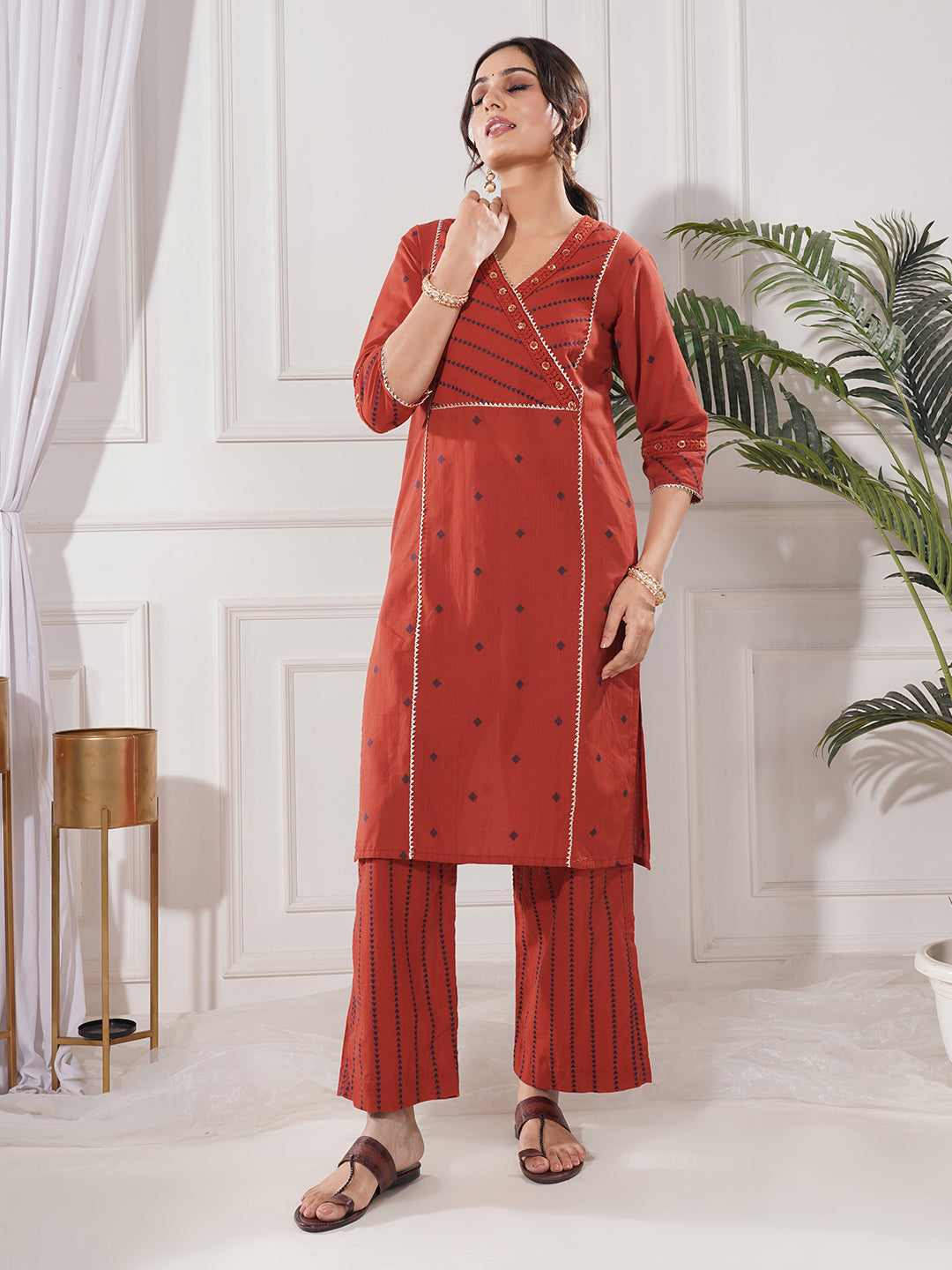 Pria Red Gold Cotton 2-Piece Kurta Only Set