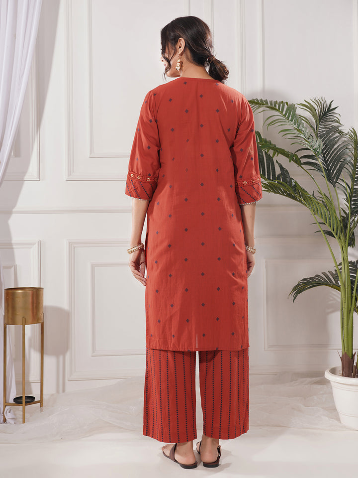 Pria Red Gold Cotton 2-Piece Kurta Only Set