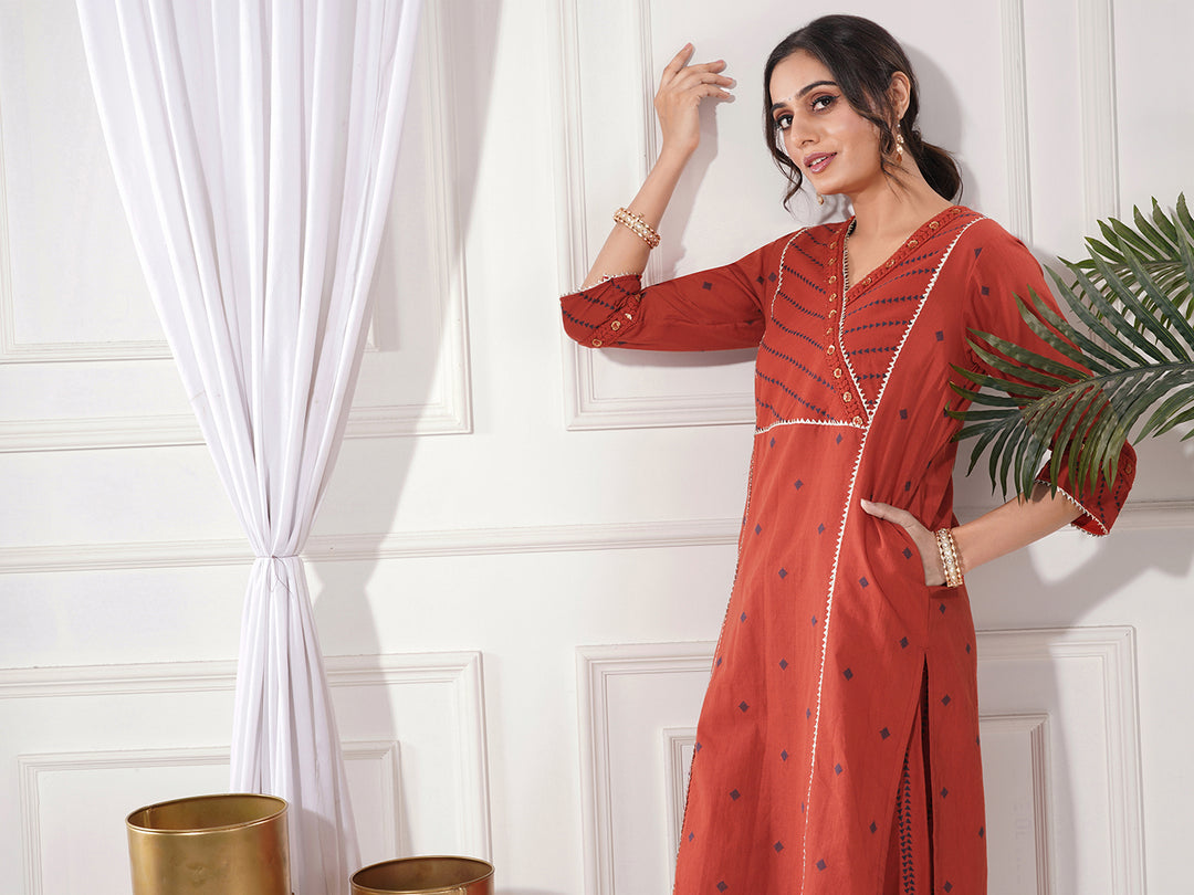 Pria Red Gold Cotton 2-Piece Kurta Only Set
