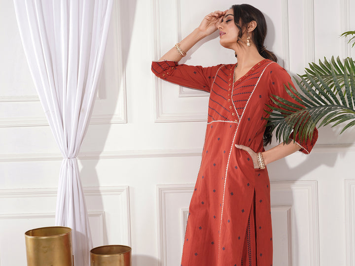Pria Red Gold Cotton 2-Piece Kurta Only Set