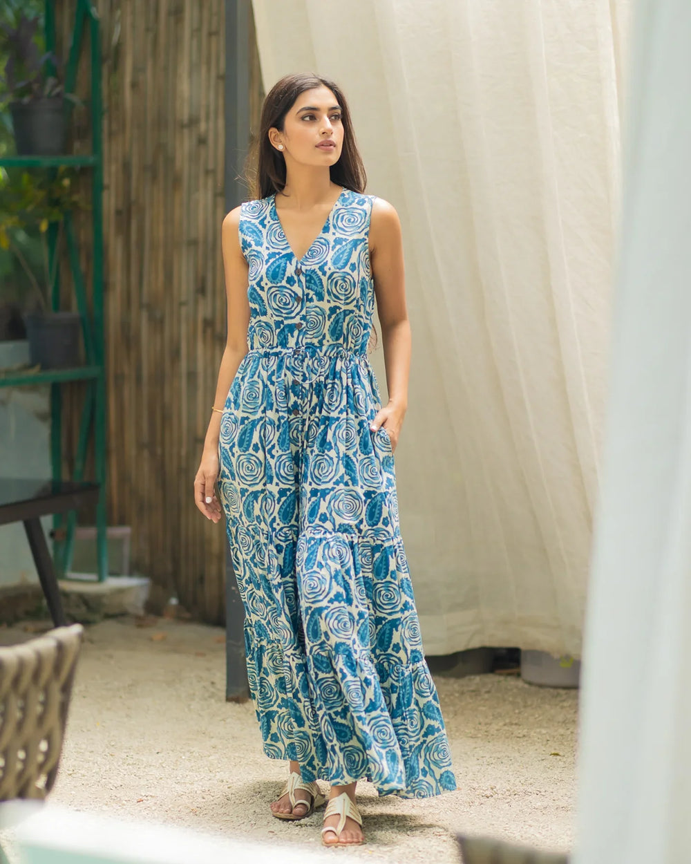Indigo-Blue-Cotton-Rose-Tier-Maxi-Dress
