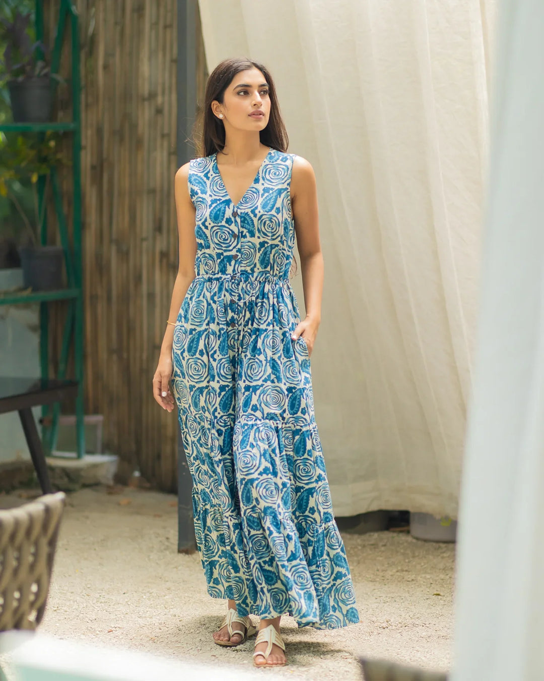 Indigo-Blue-Cotton-Rose-Tier-Maxi-Dress