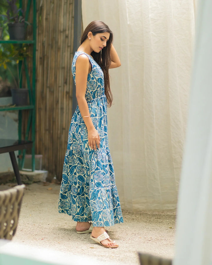 Indigo-Blue-Cotton-Rose-Tier-Maxi-Dress