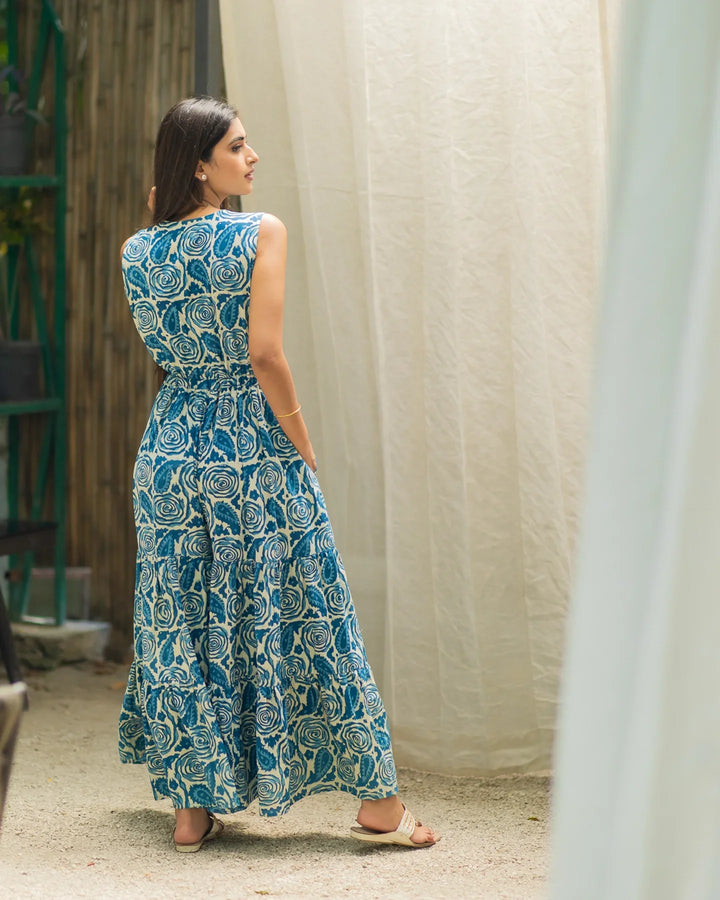 Indigo-Blue-Cotton-Rose-Tier-Maxi-Dress