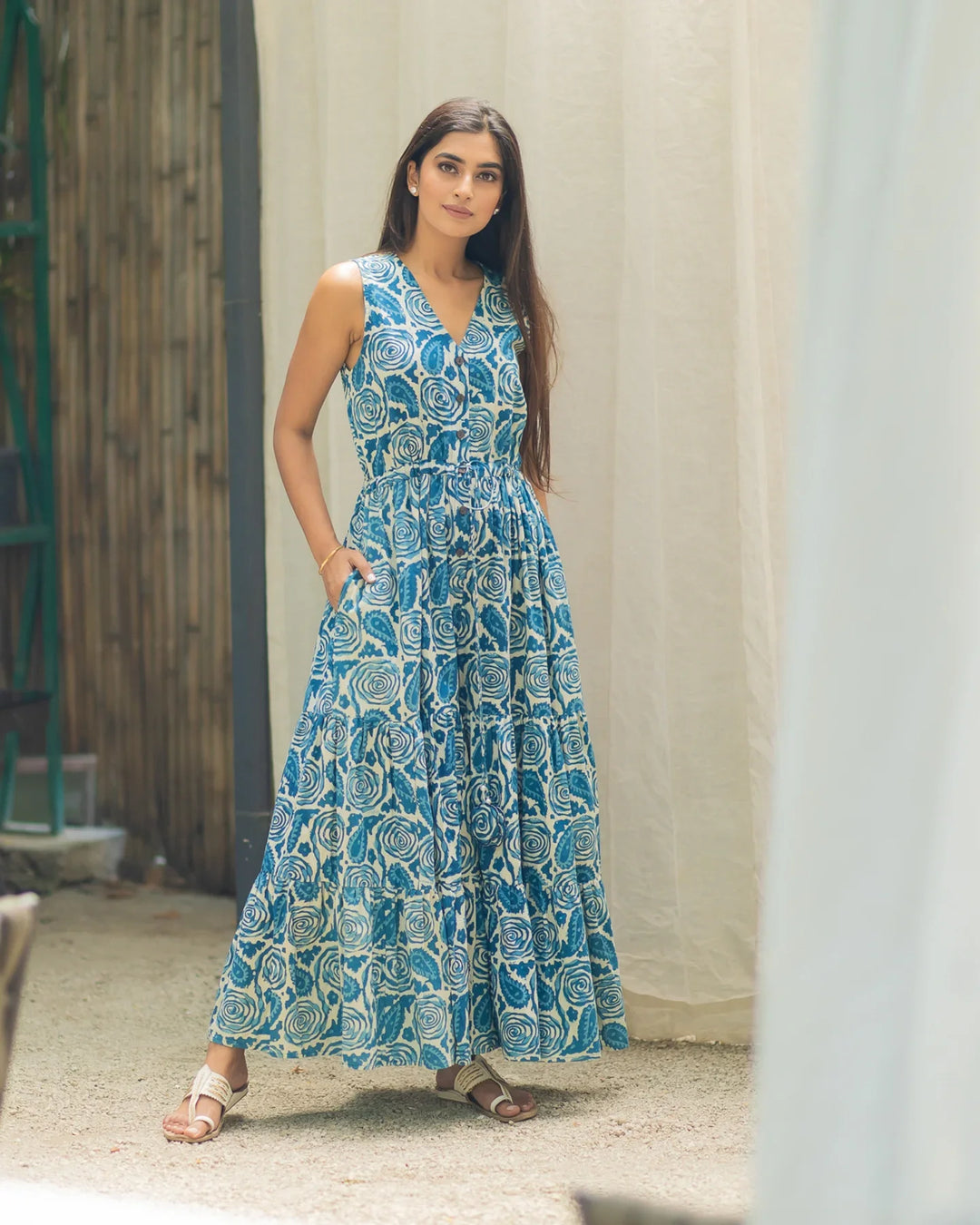 Indigo-Blue-Cotton-Rose-Tier-Maxi-Dress