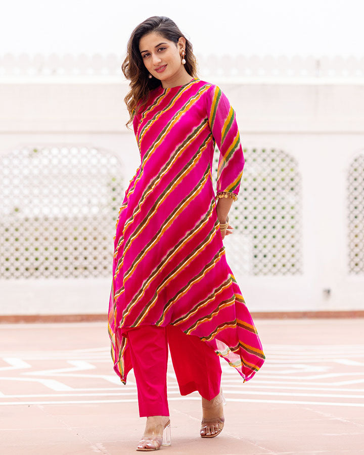 Pink-Chiffon-Leheriya-Asymmetric-2-Piece-Kurta-Set
