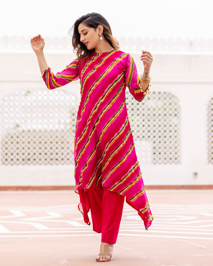 Pink-Chiffon-Leheriya-Asymmetric-2-Piece-Kurta-Set