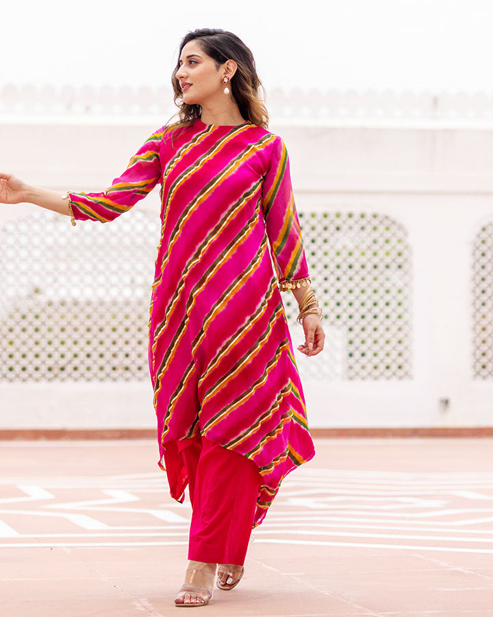 Pink-Chiffon-Leheriya-Asymmetric-2-Piece-Kurta-Set