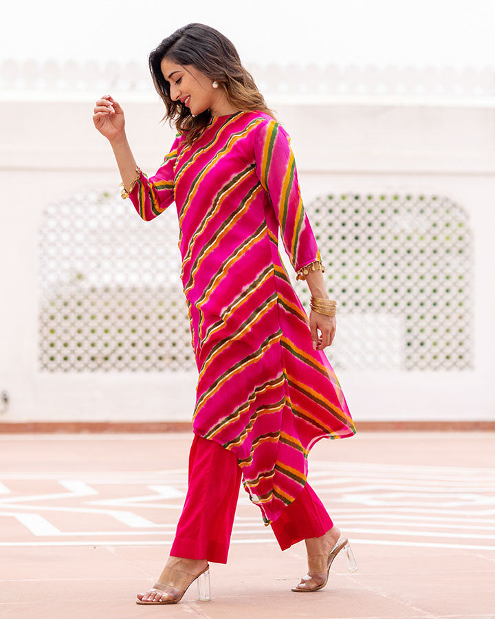 Pink-Chiffon-Leheriya-Asymmetric-2-Piece-Kurta-Set