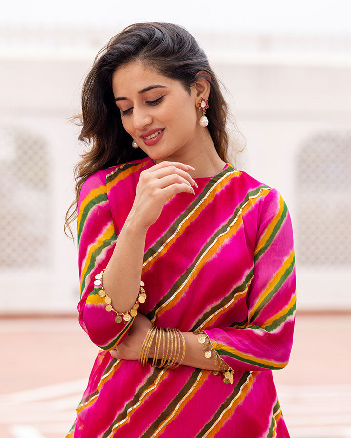 Pink-Chiffon-Leheriya-Asymmetric-2-Piece-Kurta-Set