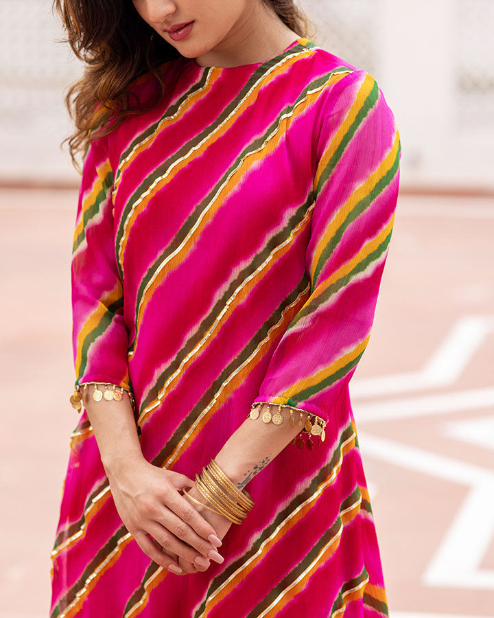 Pink-Chiffon-Leheriya-Asymmetric-2-Piece-Kurta-Set
