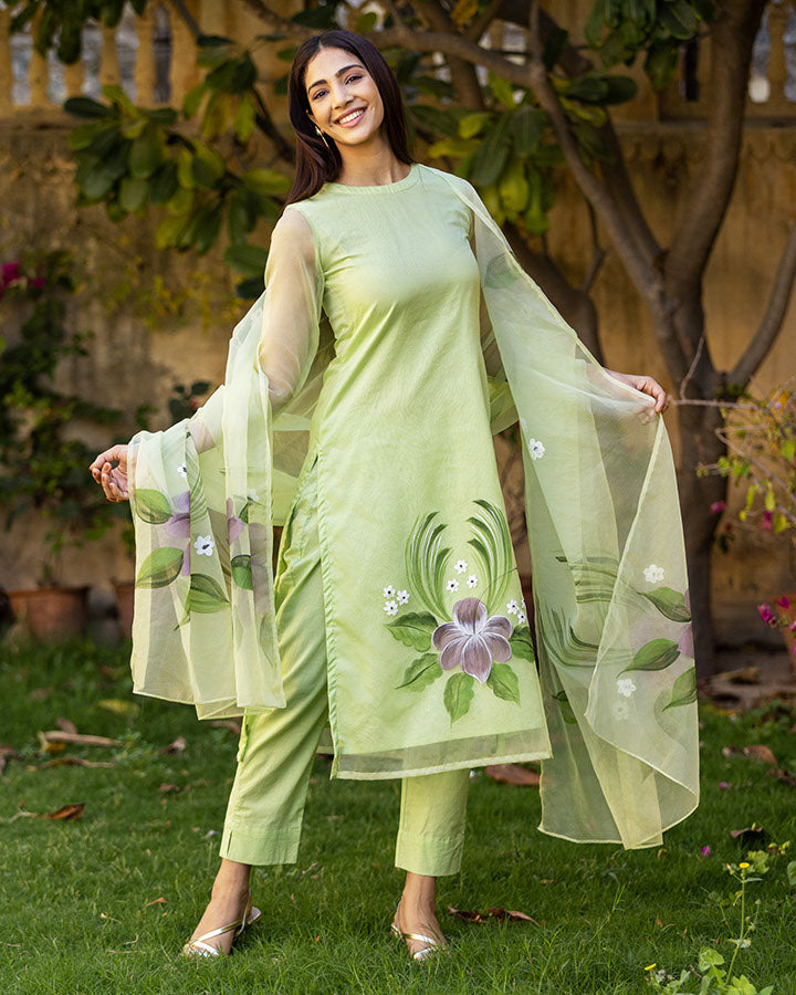 Mint-Green-Organza-Hand-Painted-3-Piece-Kurta-Set