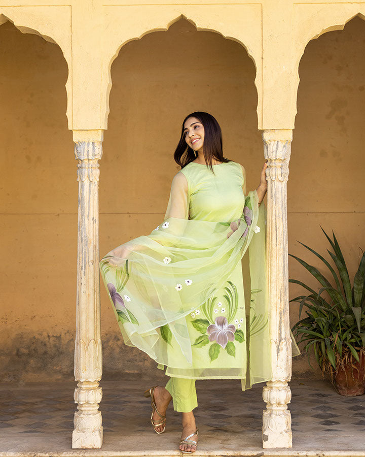 Mint-Green-Organza-Hand-Painted-3-Piece-Kurta-Set