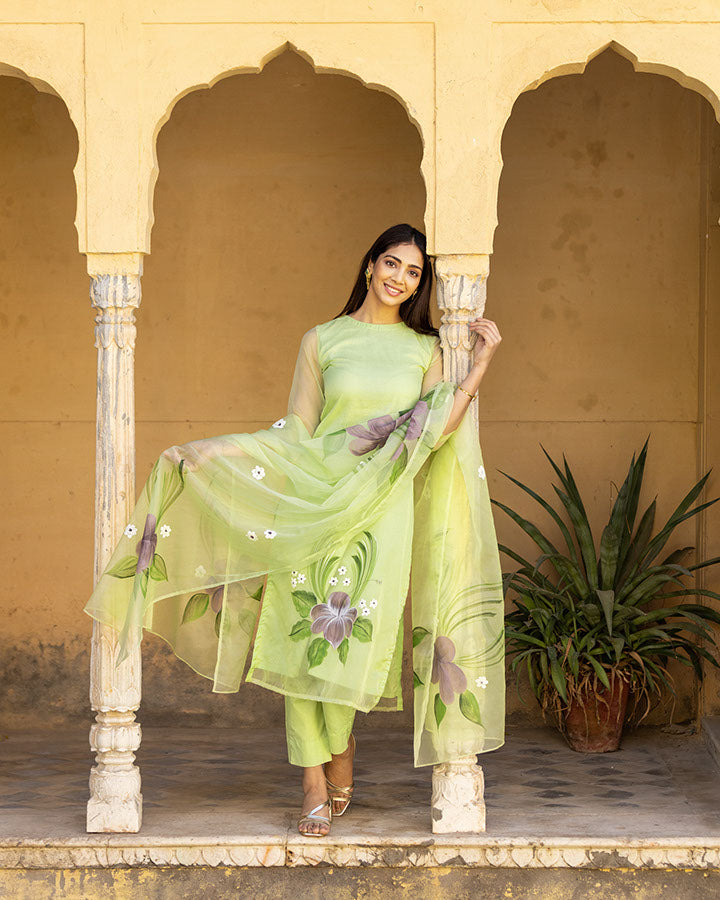Mint-Green-Organza-Hand-Painted-3-Piece-Kurta-Set