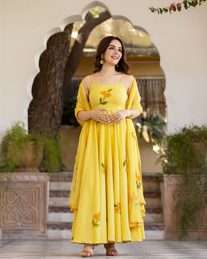 Yellow-Cotton-Hand-Painted-3-Piece-Kurta-Set
