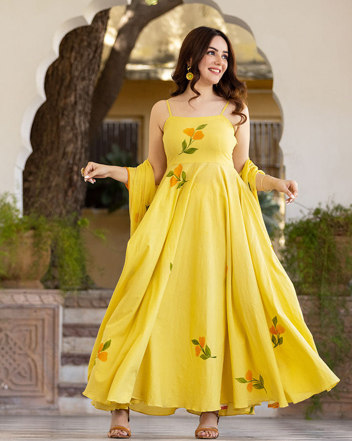 Yellow-Cotton-Hand-Painted-3-Piece-Kurta-Set