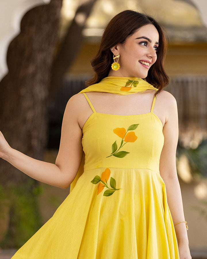 Yellow-Cotton-Hand-Painted-3-Piece-Kurta-Set