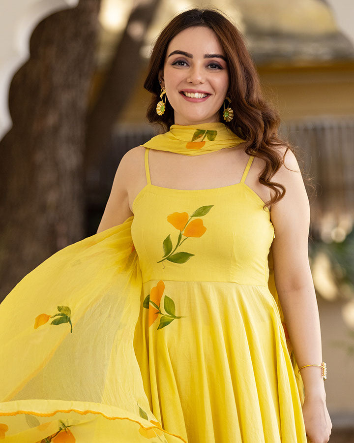 Yellow-Cotton-Hand-Painted-3-Piece-Kurta-Set