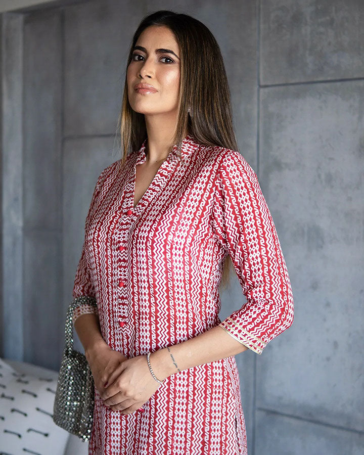 Red-Muslin-Tribal-Print-2-Piece-Kurta-Set
