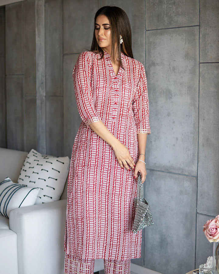 Red-Muslin-Tribal-Print-2-Piece-Kurta-Set