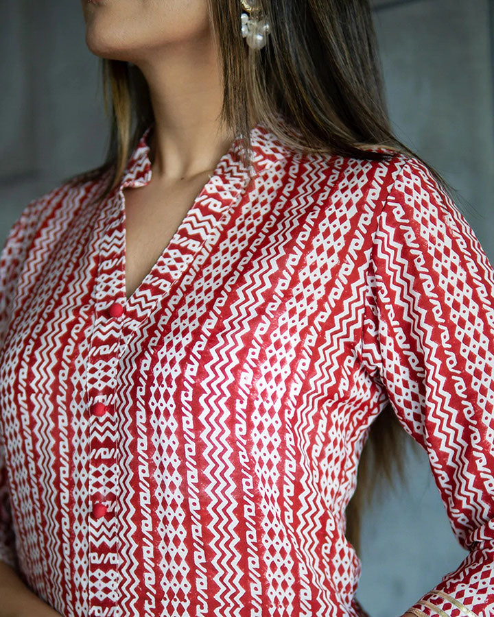 Red-Muslin-Tribal-Print-2-Piece-Kurta-Set