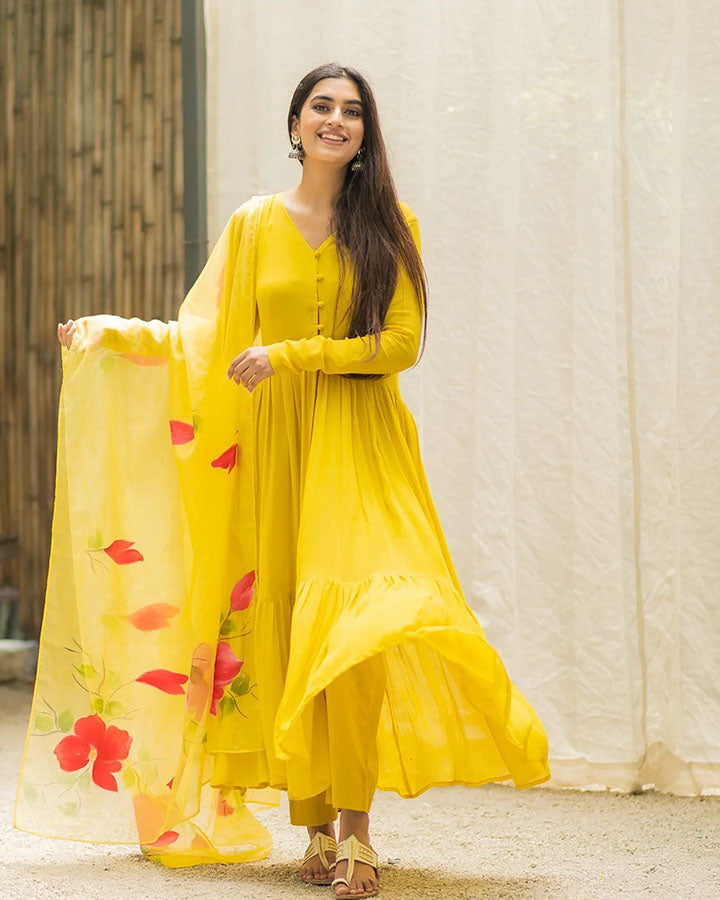 Yellow-Georgette-Cape-Hand-Painted-3-Piece-Kurta-Set