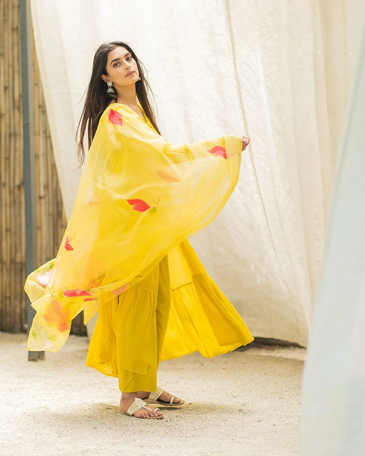Yellow-Georgette-Cape-Hand-Painted-3-Piece-Kurta-Set