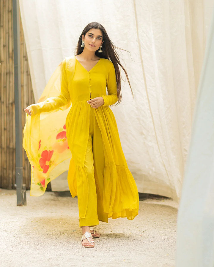 Yellow-Georgette-Cape-Hand-Painted-3-Piece-Kurta-Set