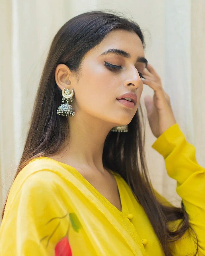 Yellow-Georgette-Cape-Hand-Painted-3-Piece-Kurta-Set
