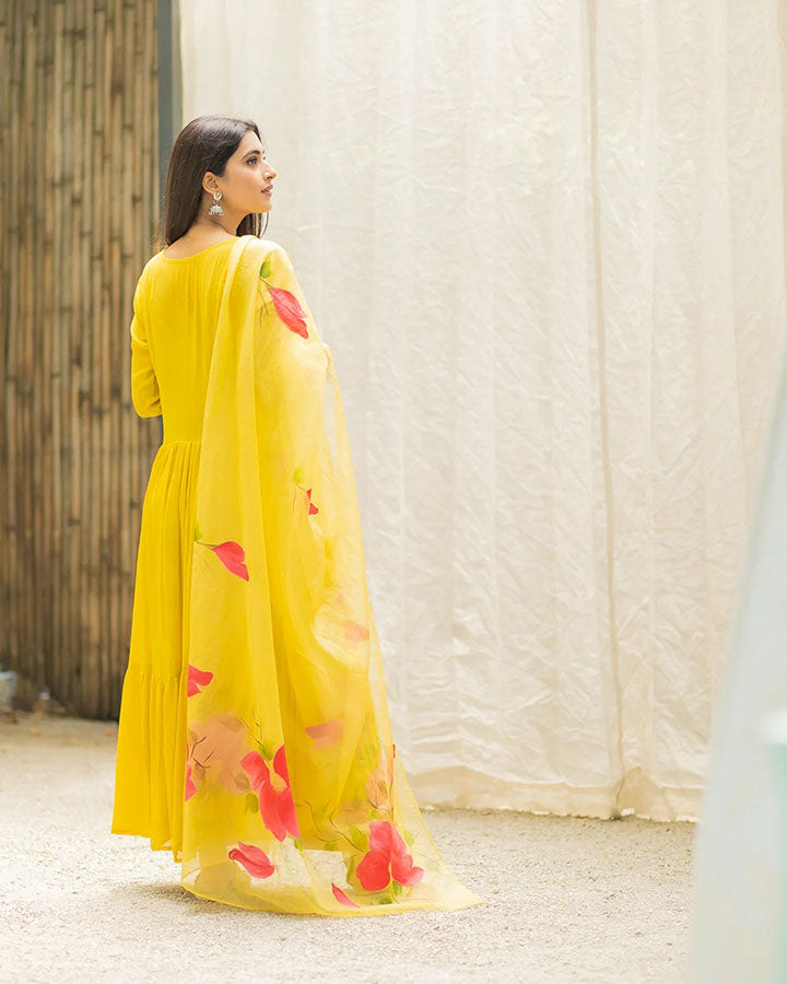 Yellow-Georgette-Cape-Hand-Painted-3-Piece-Kurta-Set