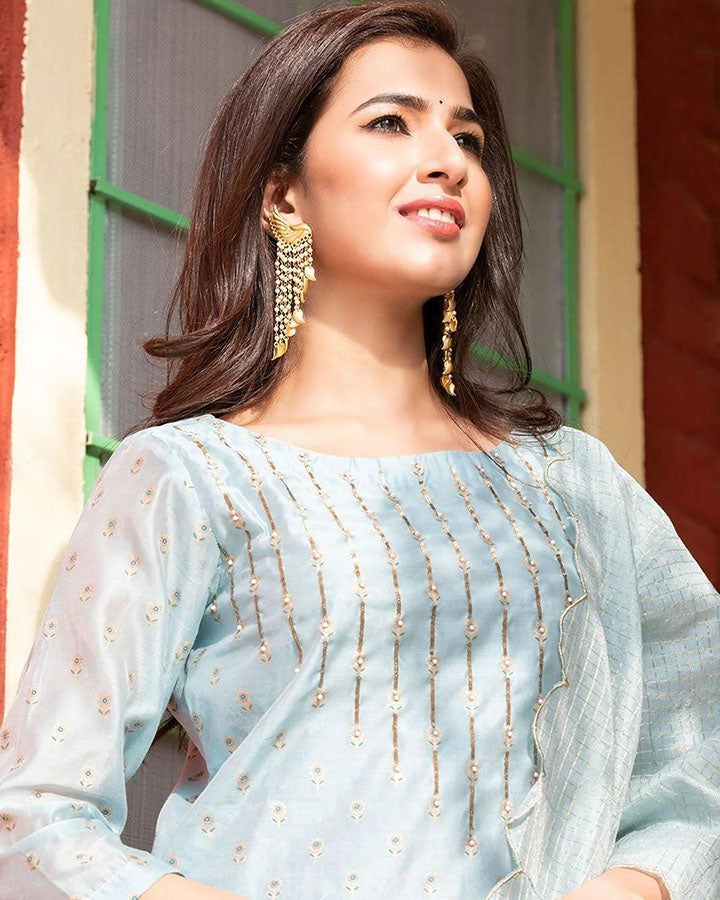 Blue-Chanderi-Printed-3-Piece-Kurta-Set